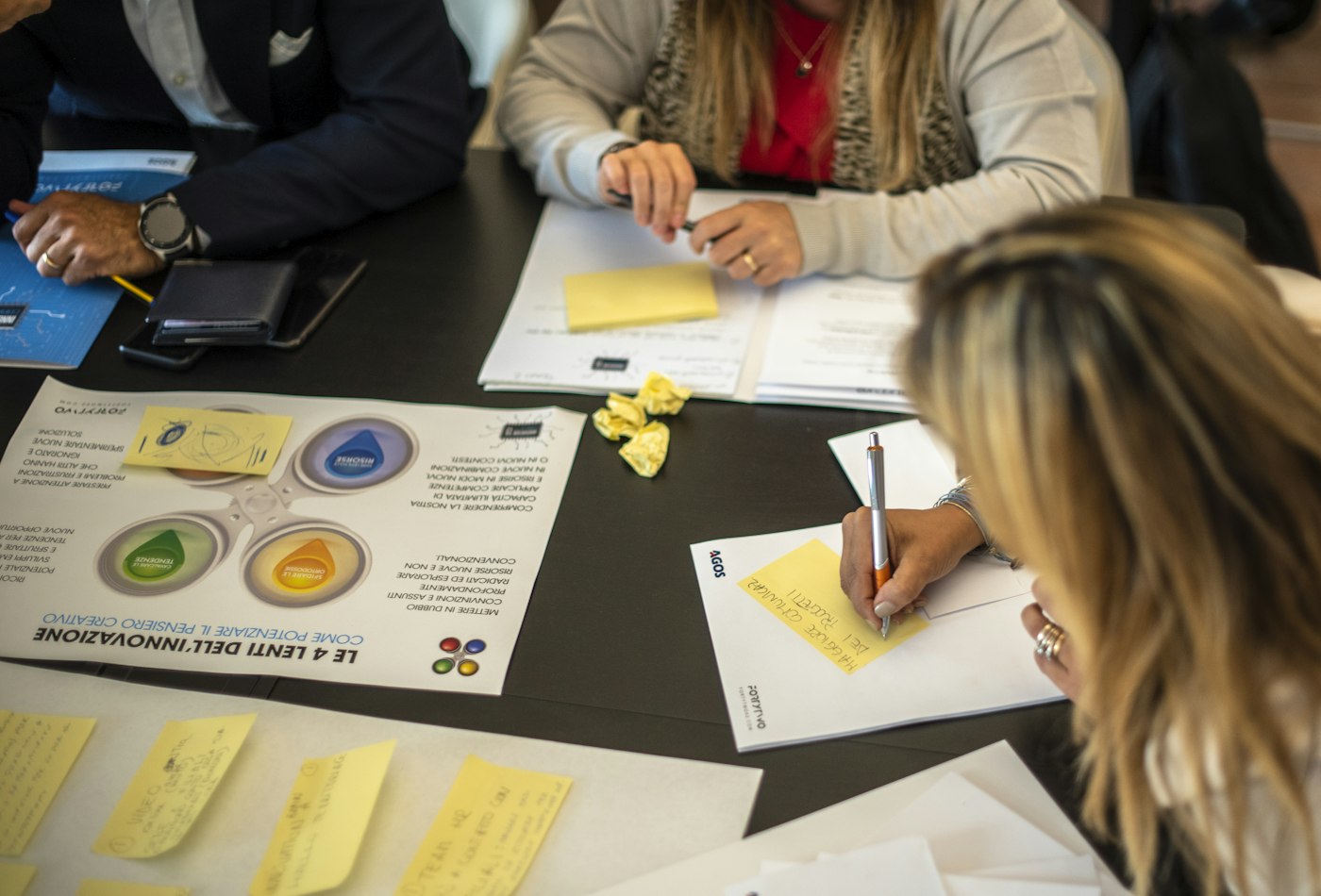 Des participants travaillent ensemble avec des notes adhésives pendant un atelier Skill Quest